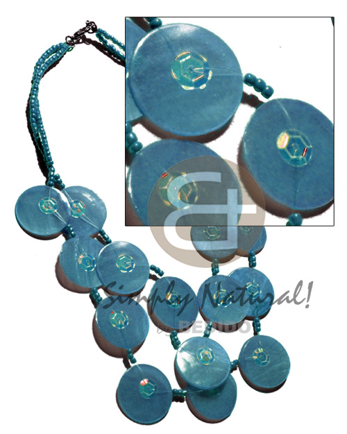 25mm subdued blue capiz shells in graduated layer 18"/16" ( 16 pcs.)  sequins accent and matching glass beads combination - Teens Necklace