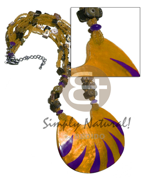 5 layers  glass beads  floating hammershell sq. cut and 75mmx65mm laminated capiz / orange and violet combination / 16 in. - Teens Necklace