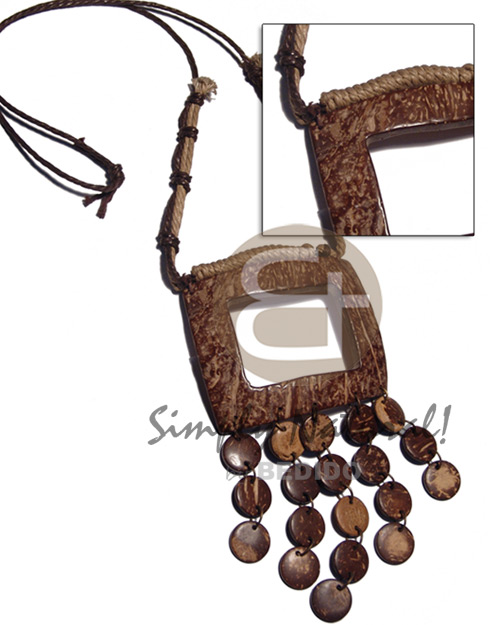 brown/beige wax knotted wax cord 75mmx60mm rectangular coco nat. brown tassled pendant  dangling 15mm  coco nat. brown circles / adjustable 24 in. - Teens Necklace