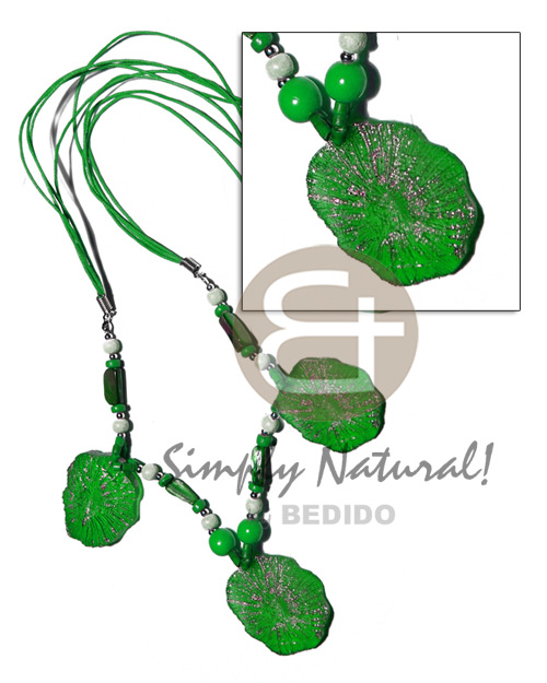 4 layers wax cord   2-3mm coco heishe, wood beads, shells nuggets, 40mmx35mm clam resin nugget   gold metallic dust / green tones / 30 in - Teens Necklace