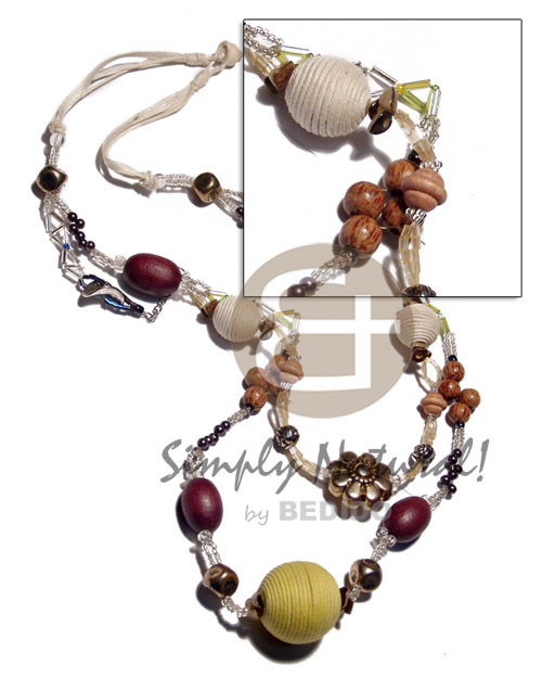 3 layer wax cord and satin ribbon combination  two graduated layers (30in/26in) in metallic beads, wood beads, wrapped wood beads combination in weaved cut glass - Teens Necklace