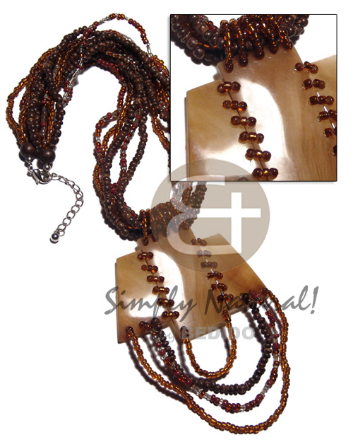 6 rows 2-3mm coco Pokalet nat. brown and amber glass beads combination  dangling weaved 3 pcs. of 38mmx25mm / 50mmx27mm / 38mmx25mm natural horn and glass beads pendant / 16in - Teens Necklace