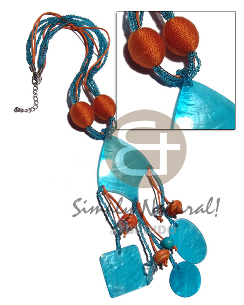 tassled 5 rows glass bds & wax cord  wrapped 18mm semi-round wood bds accent  65mmx50mm kite shaped laminated capiz  pendant  dangling 40mmx30mm oval & 30mm round, 35mm sq capiz,wood beads / 16in plus 2.5in tassles / aqua & orange combination - Teens Necklace