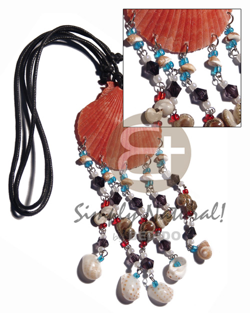 red limpet shell  dangling shells - bonium, moonshell etc..in adjustable wax cord / 3.5in tassles - Teens Necklace
