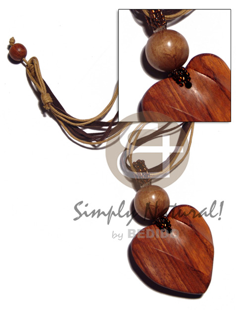 4 layers leather thong & wax cord combination  20mm wood beads and 48mmx48mm grooved heart bayong (15mm thickness) pendant/20in - Teens Necklace