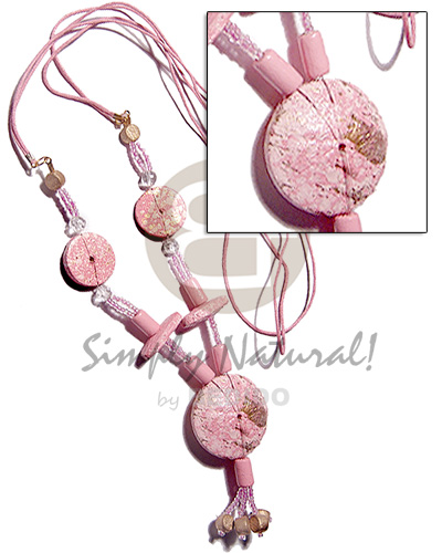 2 layers pink wax cord   20mm flat round wood beads in textured brush paint pink/metallic gold combination  and matching tassled round embossed  35mm wood pendant / 28in - Teens Necklace