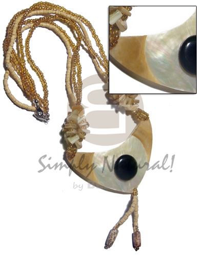 3 rows 203mm yellow coco heishe/golden glass beads combination  goldlip nuggets accent  80mmx40mm tassled MOP  skin and button pendant / 18in - Teens Necklace