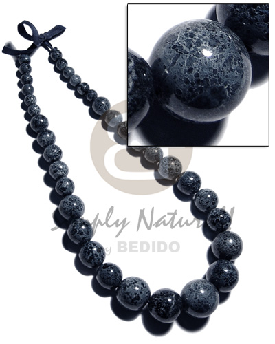 35 pcs. of  round wood beads graduated sizes- 30mm/25mm/20mm/15mm/10mm in high gloss polished paint in ribbon / in marbleized blue-gray tones - Teens Necklace