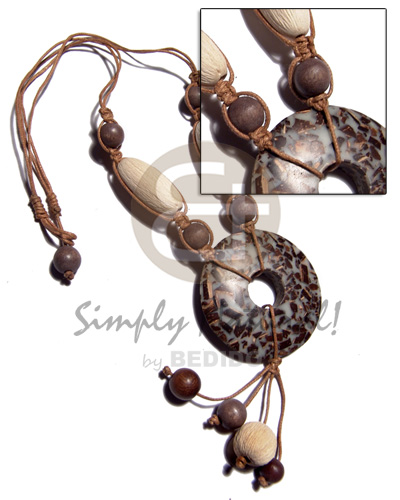 tassled 50mm donut coco chips in resin  texture wood bead combination and 2 layers wax cord neckline / 20in - Teens Necklace