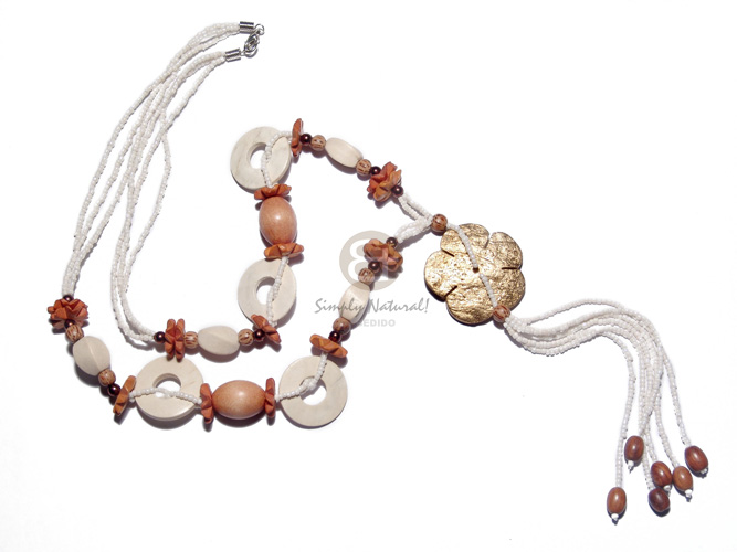 asstd wrapped and textured wood and kukui beads in 2 rows wax cord  buri nuggets and crochet accent / 32in - Teens Necklace