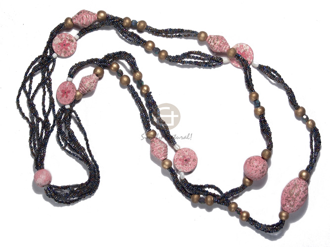 7 layers rainbow glass beads in 2 graduated rows   texture painted and marbled asstd. wood beads - 30mmx20mm oval,20mm round, 20mm disc etc / pink and gold tones / 30in/ 34in - Teens Necklace