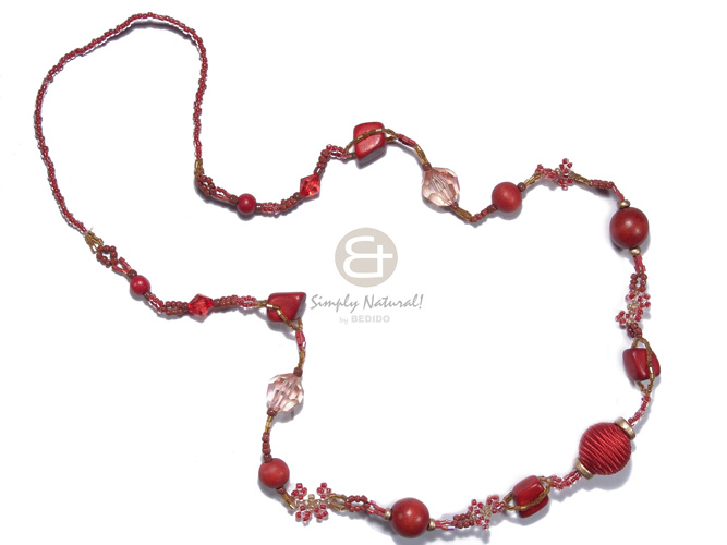 dark red and amber glass beads  matching dark red wood beads, acrylic crystals combination / 32in - Teens Necklace