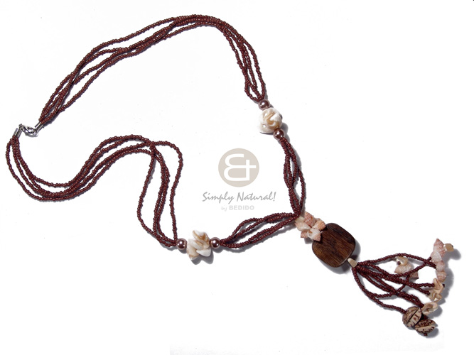 4 layers tassled brown glass beads  frog shells, 25mm flat square robles wood and troca accent/  22in plus 2.5in tassles - Teens Necklace