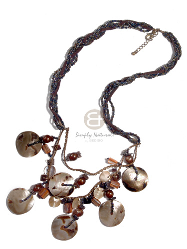 flat twisted 2 rows rainbow glass beads and one brown leather thong  2 graduated rows of metal chain  dangling  6 pcs 30mm brownlip tiger, 4 pcs. 10mm round brownlip and other shell accents /  22/in/24in - Teens Necklace