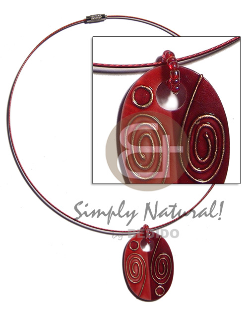 coated red cable wire handpainted and colored oval 40mmx30mm kabibe shell pendant embellished  elevated /embossed metallic paint accent lines / red and gold tones - Teens Necklace