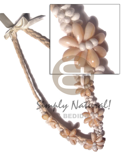 braided  flat abaca choker  5 pcs flower sigay/cowrie shells and white mongo shells accent  / 16in.  braided abaca  20in extender ribbon - Teens Necklace