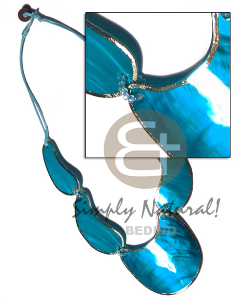 2 rows wax cord choker  kabibe shells in ocean blue tones  metallic silver edging - 60mmx45mm/50mmx30mm/45mmx25mm / 18in /  knotted cord and coco stopper - Teens Necklace