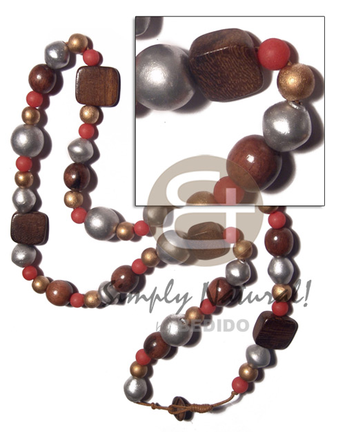 asstd. wood beads in nat. brown, gold, light red , silver tones  sliced melon 20mmx10mmx5mm robles wood accent in wax cord / knotted cord   wood beads stopper / 30in - Teens Necklace