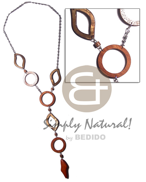 metal chain  3 pcs, 40mm wood rings, 3pcs laminated kabibe eyelet shells and dangling 50mmx20mm freeform wood accent / 24in plus 7in dangling accent - Teens Necklace
