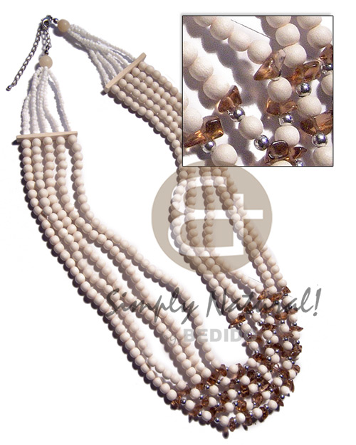 5 graduated layers of 6mm round bleached nat. wood  white glass beads and acrylic crystal combination / 18in/20in/22in/24in/26in / ext chain - Teens Necklace