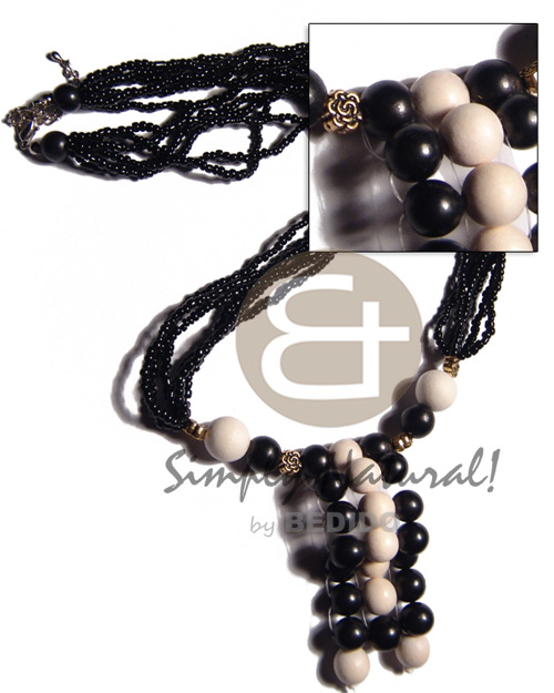 black and white  tones of 10mm wood beads in 6 rows glass beads / 20in /  ext. chain - Teens Necklace