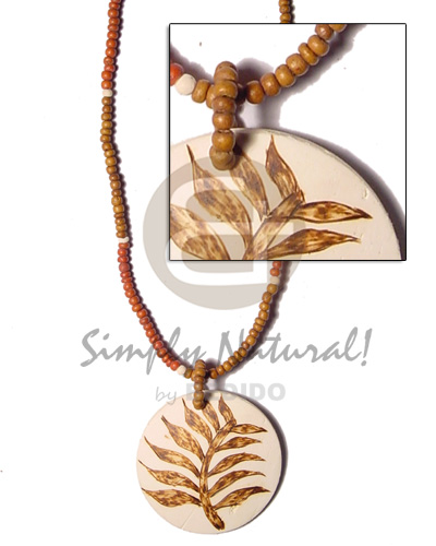 round coco pendant  fern design wood burning/brown tones 2-3 coco pokalet - Teens Necklace