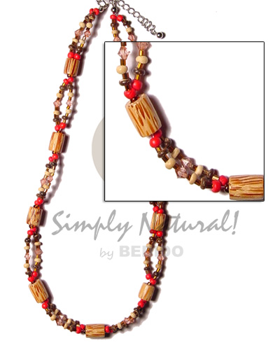 2 rows 2-3 red/brown/bleach coco pokalet  acrylic crystals and palmwood tube - Teens Necklace
