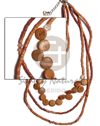 3 rows graduated tan 2-3mm coco heishe/Pokalet  sidedrill coco and acrylic crystals - Teens Necklace