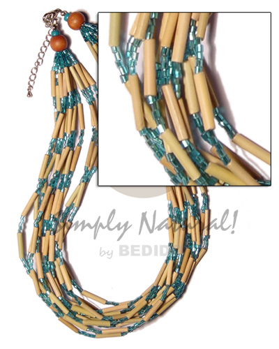 12 layer bamboo tube  blue glass beads and wood beads - Teens Necklace
