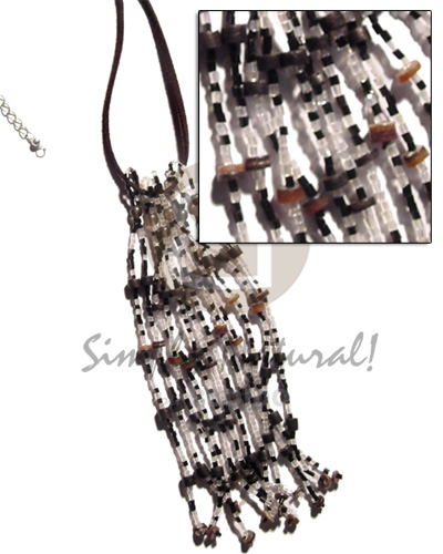 coco & brownlip heishe tassles  clear & black cut glass beads in leather thong - Teens Necklace