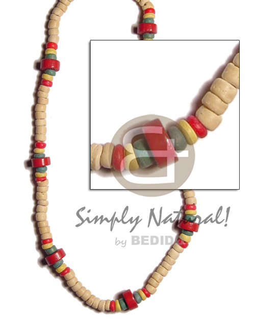 4-5 coco pokalet nat. white/red/green/yellow combination  red wheel wood beads - Teens Necklace
