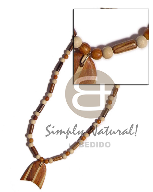 robles  wood tube & nat. wood/bayong beads  striped wood pendant - Teens Necklace