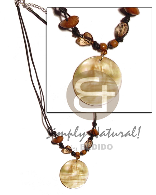 40mm MOP round pendant  wood beads, crystal and wax cord - Teens Necklace