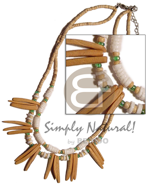 2 rows 2-3mm coco heishe nat.  white clam,indian sticks & green beads combination - Teens Necklace