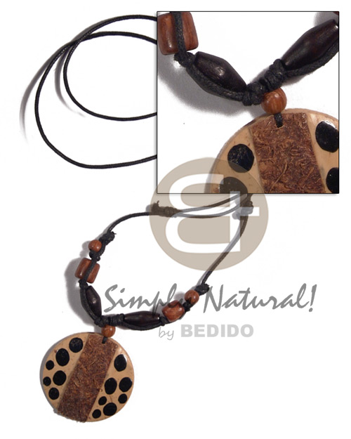 adjustable wax cord  round 45mm coco  hair and black painted dots pendant - Tribal Necklace