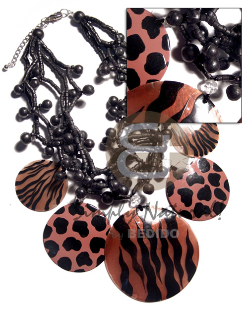 5 layers 2-3mm black coco heishe  black wood beads combination  and dangling brown 5 pcs. capiz shells  animal prints - 2pcs. 40mm/ 2pcs. 50mm/ one pc. 70mm / 16in - Tribal Necklace