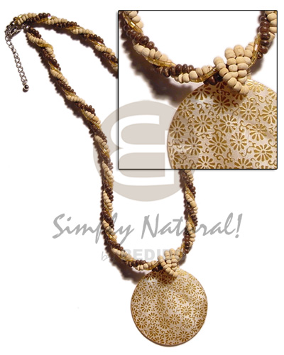 twisted 3 layer coco/glass beads  45mm round gold embossed/handpainted hammershell - Twisted Necklace