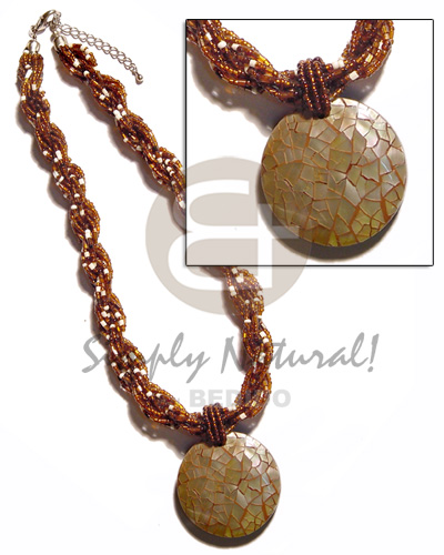 12 rows brown/white twisted glass beads  40mm round brownlip cracking pendant - Twisted Necklace