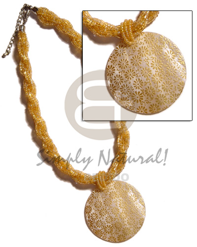 12 rows yellow gold twisted glass beads  matching round 50mm embossed/handpainted hammershell pendant - Twisted Necklace