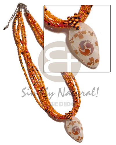 6 rows orange multi layered glass beads  35mm inverted hammershell teardrop handpainted/embossed  pendant - Twisted Necklace