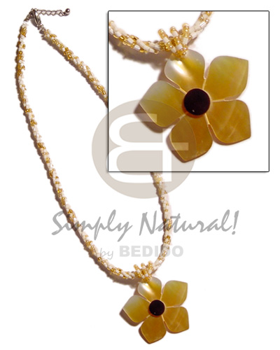 3 rows twisted white/yellow gold glass beads   45mm MOP flower pendant - Twisted Necklace