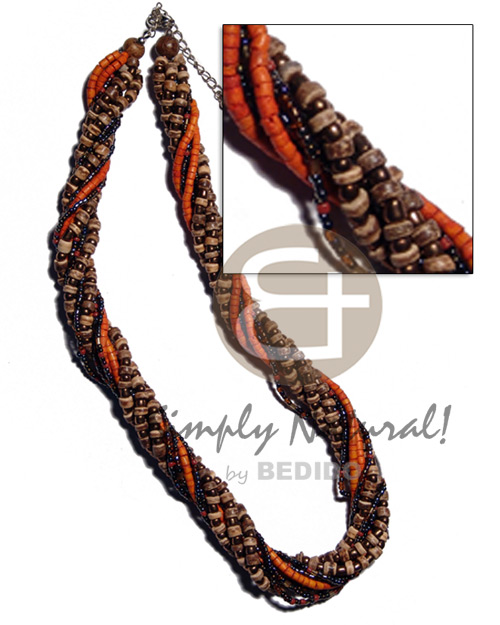 10 rows - 4-5mm tiger coco Pokalet/ 2-3mm orange coco heishe &  glass beads combination / - Twisted Necklace