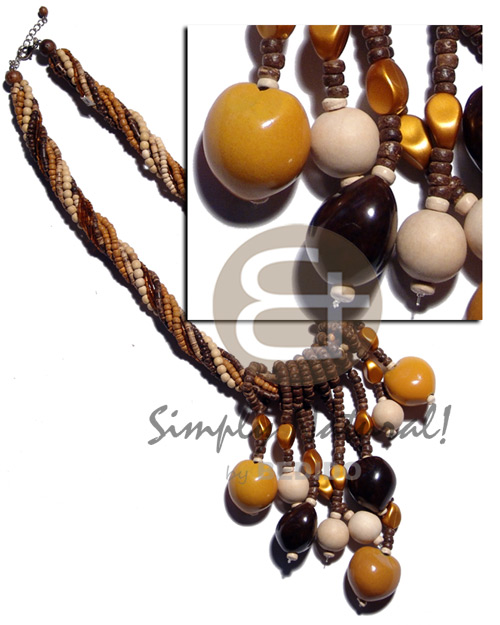 10 rows - 2-3mm brown tones coco Pokalet & heishe/ nat. white wood beads &  cut glass beads combination  tassled mustard kukui nuts, 15mm nat. white round wood beads and gold chips accent - Twisted Necklace