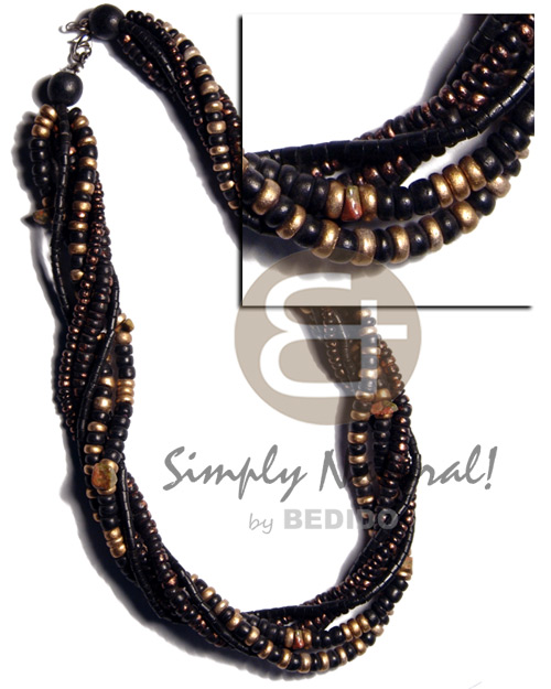 6 layers - 2-3mm black coco heishe, 2-3mm & 4-5mm coco Pokalet black/ bronze splashing, 4-5mm black and gold coco Pokalet combination - Twisted Necklace