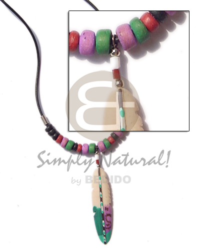 wax cord  coco pukalet blk/red/green/lavender combinationnation & painted feather resin - Unisex Necklace