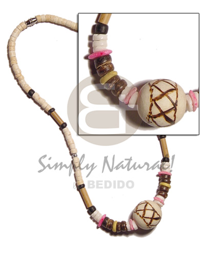 4-5mm coco heishe bleach  bamboo,whiteclam combination and wood ball bead  burning accent - Unisex Necklace