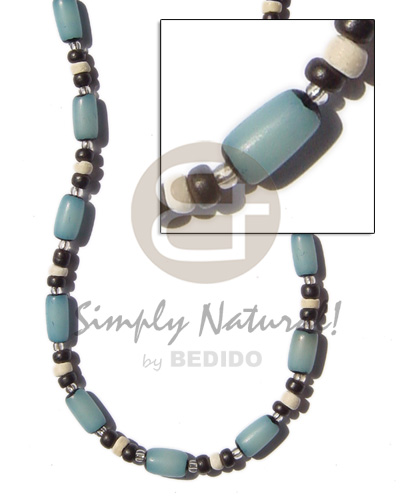 turq blue buri tube  black /bleach coco Pokalet & glass beads - Unisex Necklace