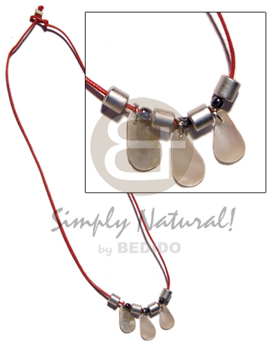 3 pc. teardrop 18mmx10mm hammershell  silver wood beads in wax cord - Unisex Necklace