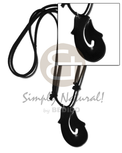 40mm black  carabao horn maori hook on adjustable leather thong - Unisex Necklace