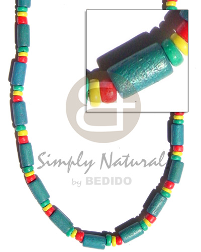 green wood tube  pukalet /red/yellogreen - Unisex Necklace